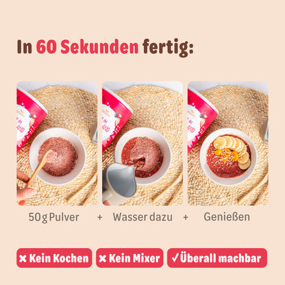 In 60 Sekunden fertig: 50 g Pulver, Wasser dazu, genießen – ohne Kochen und ohne Mixer