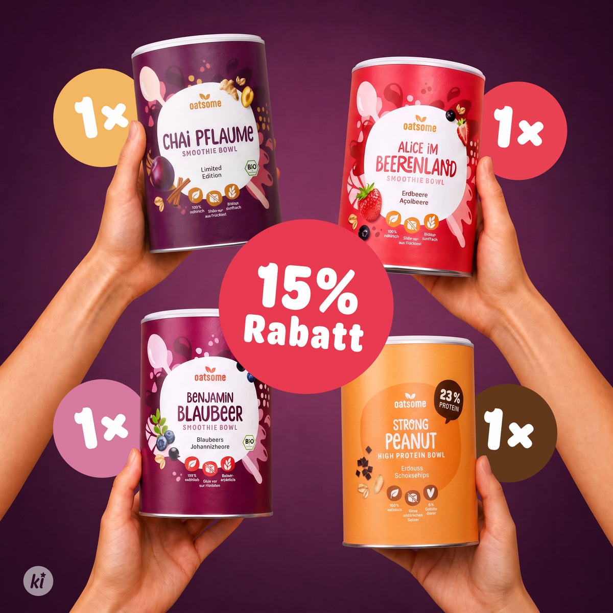 Fall in Love Set: Chai Pflaume, Alice im Beerenland, Benjamin Blaubeer und Strong Peanut High Protein Bowl mit 15 % Rabatt